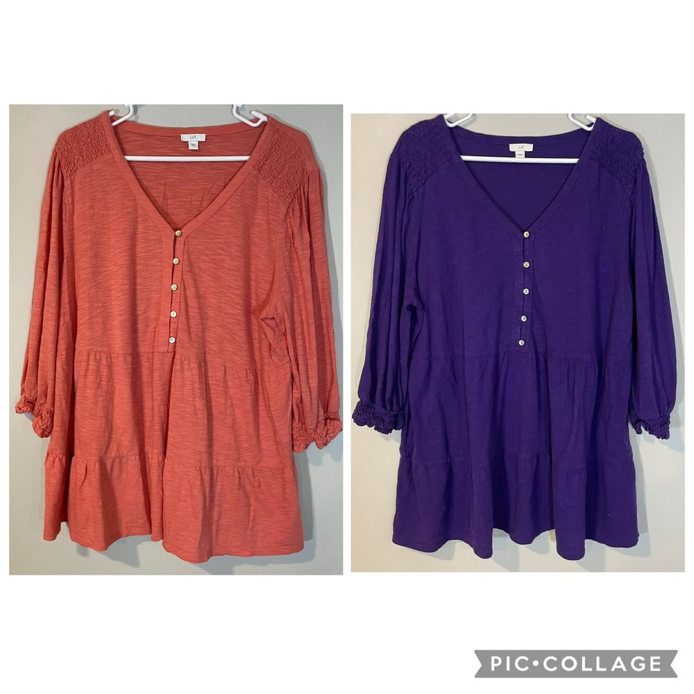 J Jill Lot of 2 Women's XL Tiered Button Tunic Top Smocked Coral Purple Boho